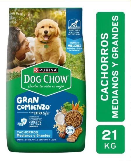 La imagen muestra un paquete de alimento para perros Purina Dog Chow, específicamente formulado para cachorros de razas medianas y grandes. El diseño es colorido y transmite vitalidad,